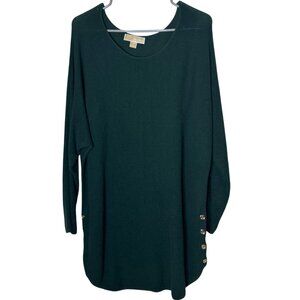 Michael Kors Plus 1X Green Knit Sweater Tunic Top Gold Button Detail Long Sleeve